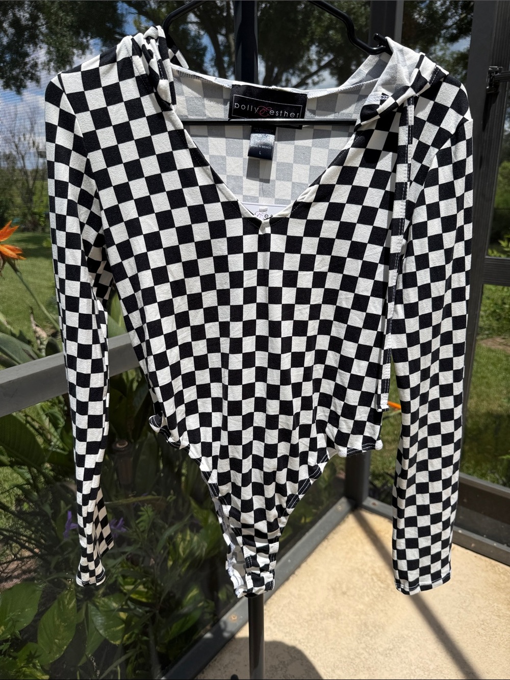 Polly & Esther Black and White Checkered Hooded Bodysuit